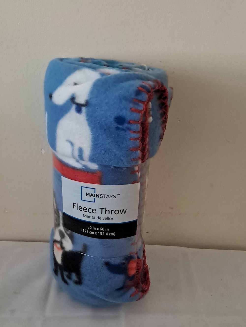 Mainstays Blue Fleece Throw Blanket with Dog Motif and Red Whipstitch